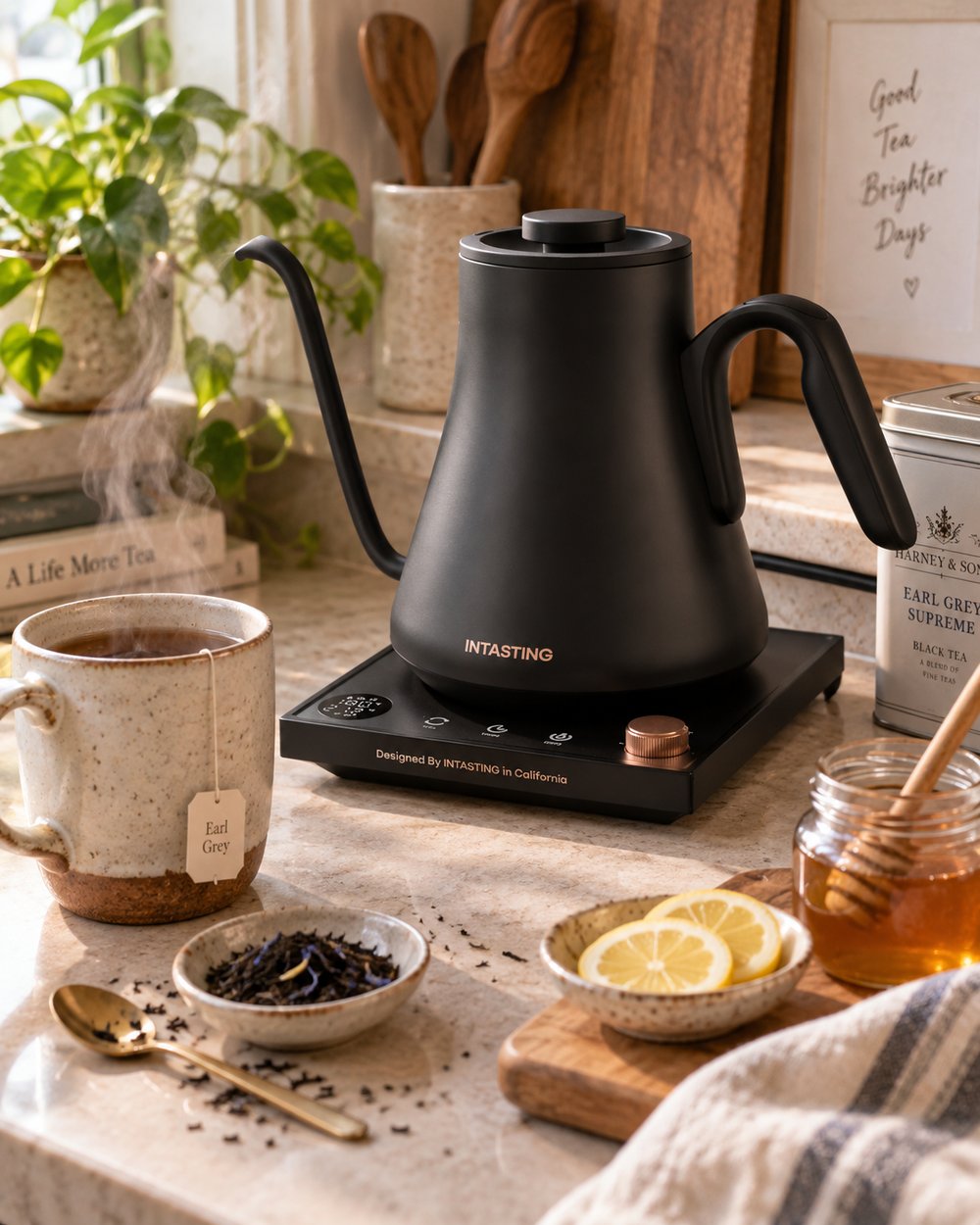 A black gooseneck electric kettle on a kitchen counter beside a mug of tea, loose leaves, lemon and honey.