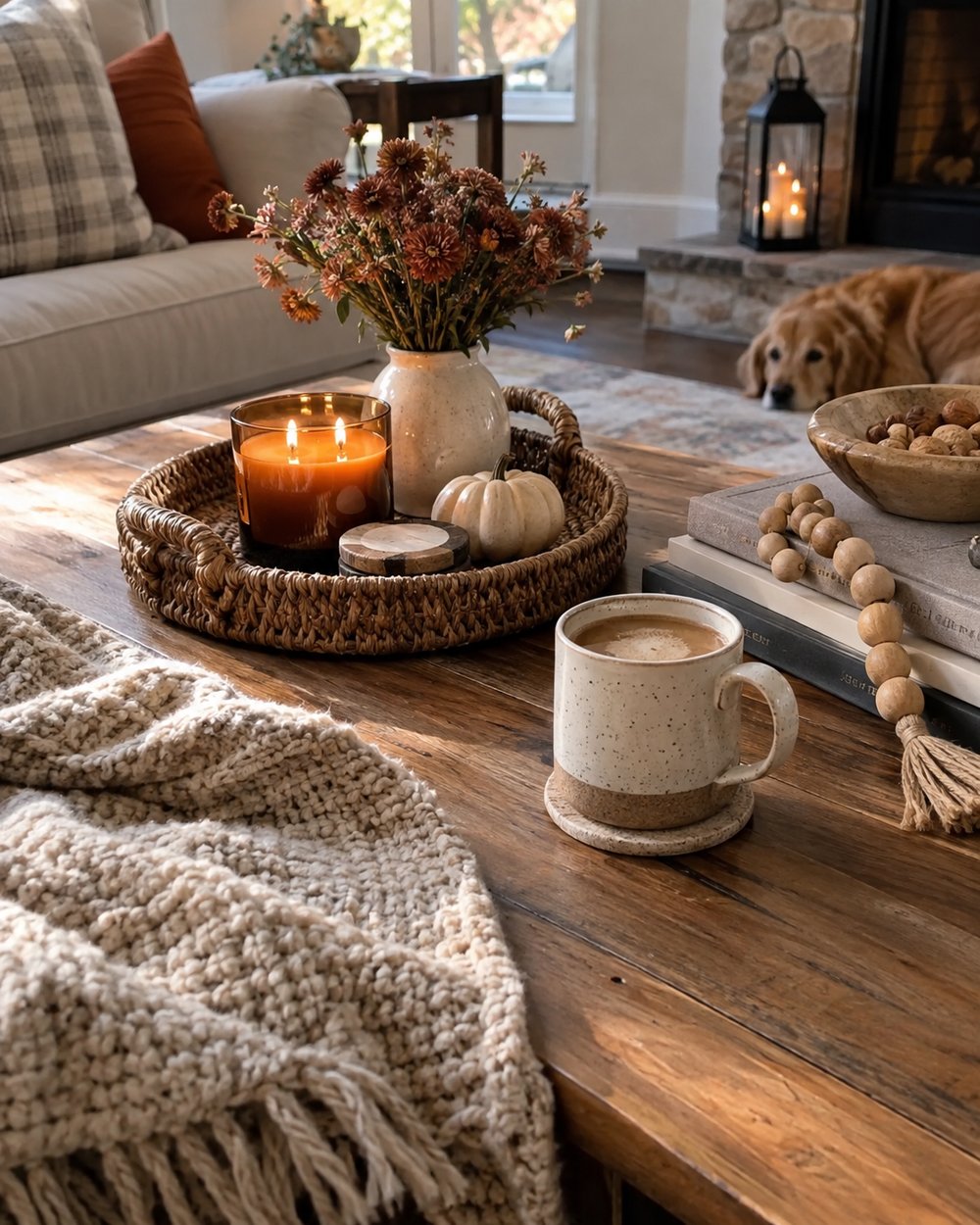 A speckled stoneware mug of coffee on a wooden table, beside a lit candle and autumn flowers.
