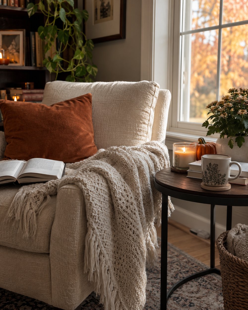 A cream fringed throw over an armchair with a rust pillow and an open book, by a window of autumn leaves.