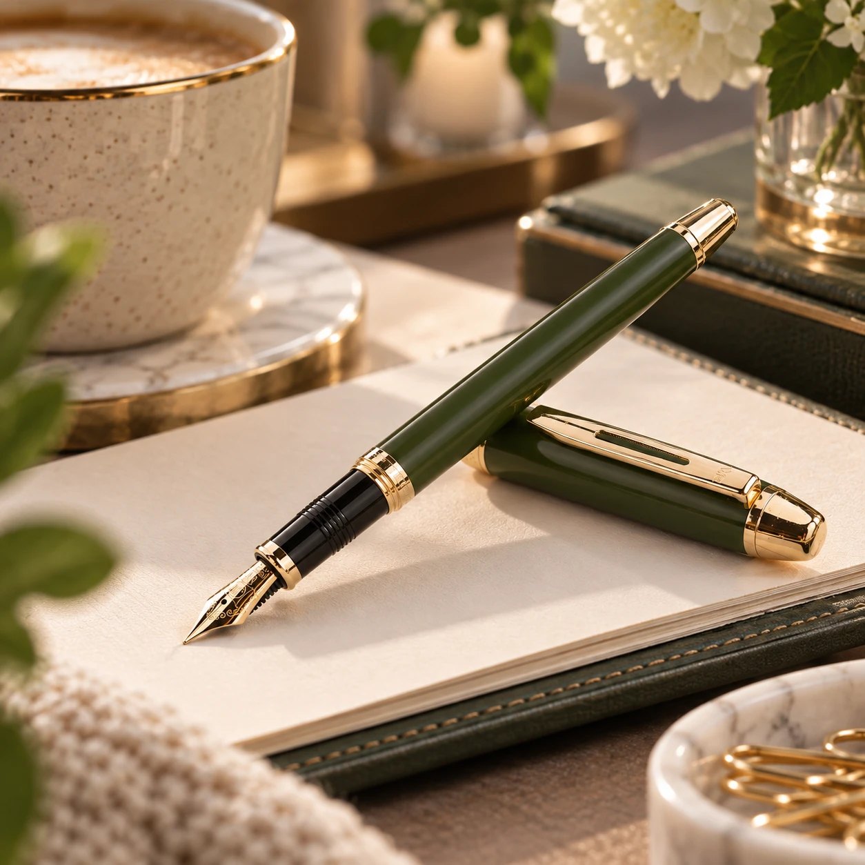 A dark green fountain pen with a gold nib, uncapped on an open notebook beside its cap, with a latte and white flowers behind it.