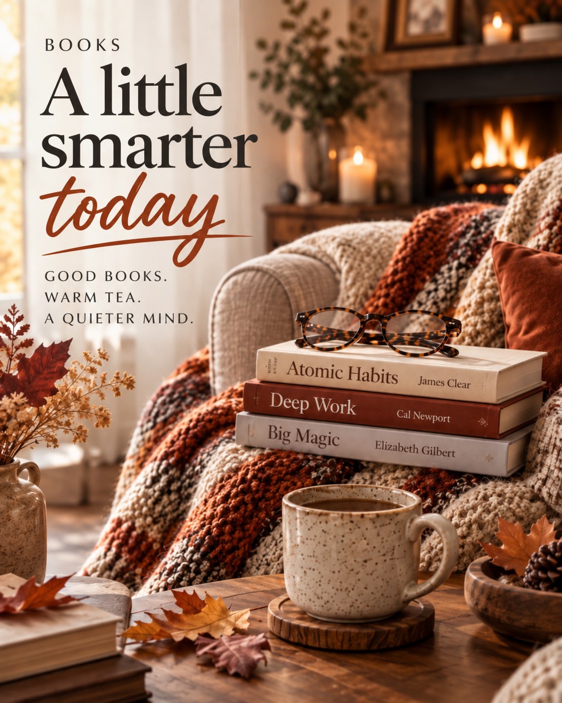 Cashmere Brunch books card reading “A little smarter today: good books, warm tea, a quieter mind”, over a stack of books, reading glasses and a mug on a blanket.