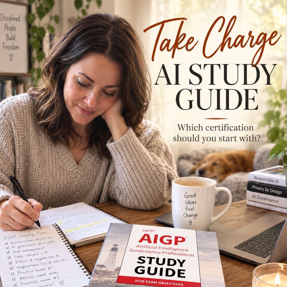 A woman at a table writing a study plan beside the IAPP AIGP study guide, a laptop and a mug of coffee.