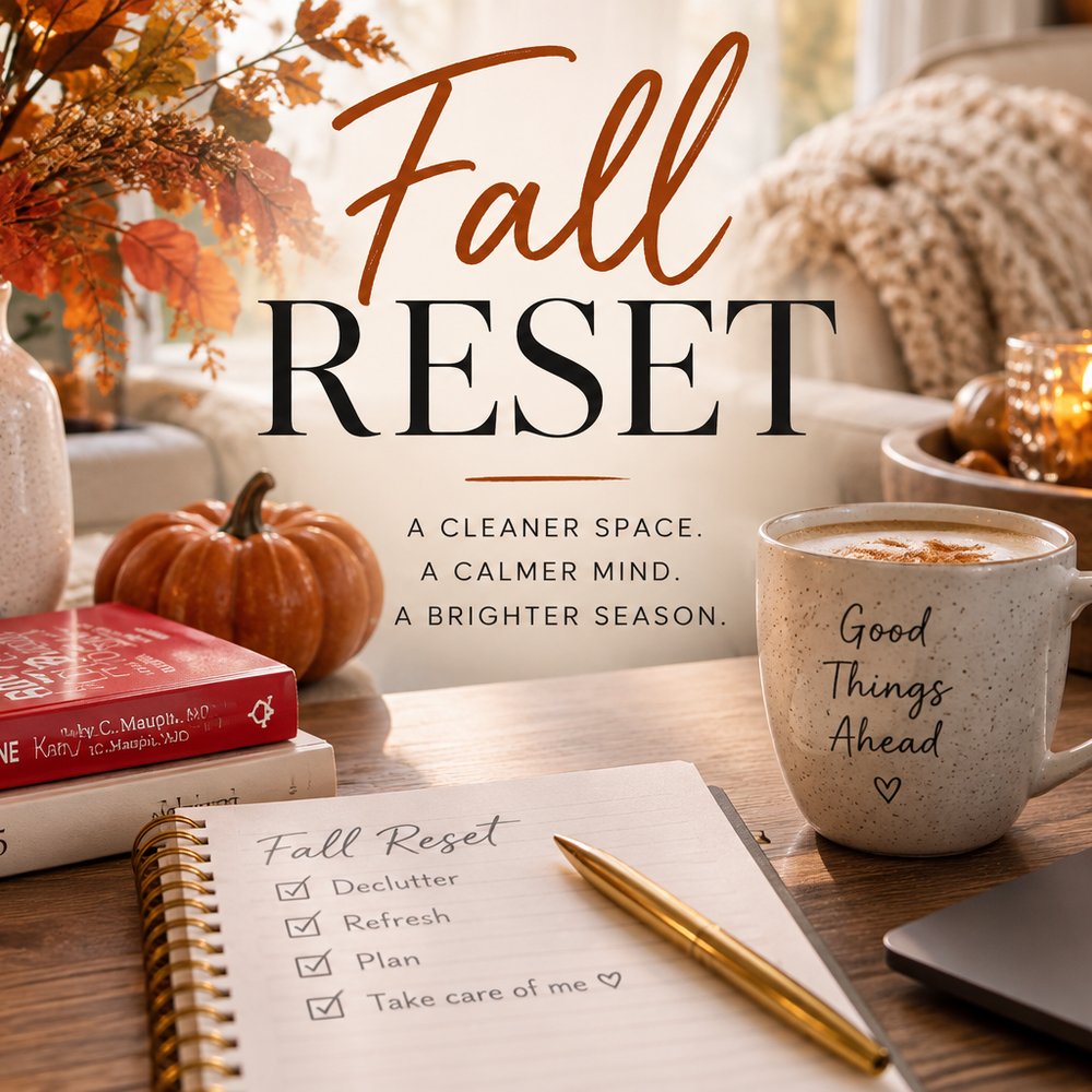 An autumn desk: a lit candle, dried leaves in a vase, a small pumpkin, a mug and an open notebook.